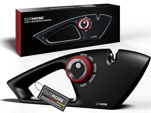 CUTMORE® Diamant Messerschärfer – 5-in-1 Premium Messerschleifer für Messer, Brotmesser & Scheren – Profi Präzisionswinkel – rutschfest, einfach, effektiv – Bekannt aus Hobbykoch-Community