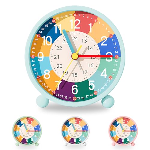 Idota Wecker Kinder, Wecker Analog Ohne Ticken Kinderwecker mit Sanfter Weckklingelton Lernwecker Kinder mit Nachtlicht Mädchen Jungen für Schulanfänge Batteriebetriebene Weckuhr (Ohne Akku) - Blau