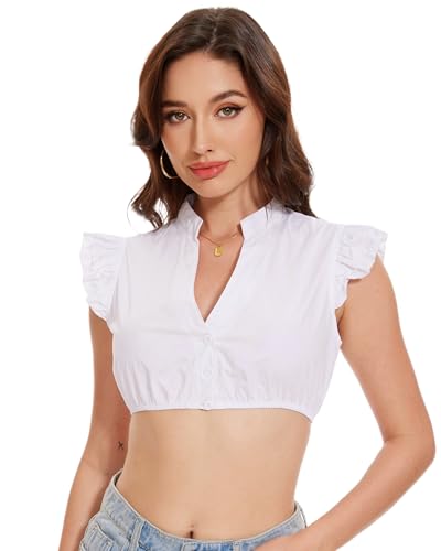 LUYANA Dirndl Bluse Damen Trachtenbluse Weiß Dirndlbluse Kurzarm DirndlBlusen Für Bayrische Tracht Oktoberfest A-weiß S