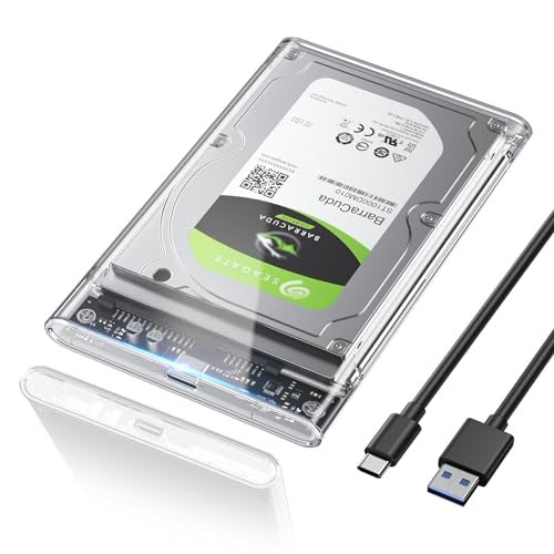 POSUGEAR Festplattengehäuse 2,5 Zoll, 6Gbps USB C 3.1 Gen 2 Externes Festplatten Gehäuse für 7mm/9.5mm 2.5 Zoll SATA SSD HDD mit UASP, Externe SSD Gehäuse mit USB 3.1 Kabel Werkzeugfreie Montage-Klar