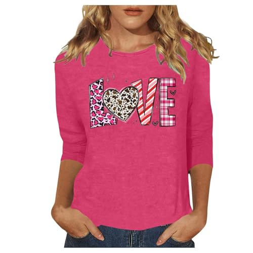 Bluse Damen Festliche Oberteile T Shirt 3/4 Ärmel - Pullover Herz Drucken Blusen Langarmshirt Rundhals Longshirt Elegant Hemd Teenager Mädchen Kleidung Frauen Bluseshirt Valentinstag Tunika Top