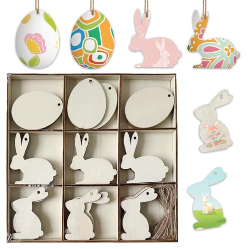 36 Stück Qstereier zum Bemalen, Ostern Basteln Kinder, Eier zum Bemalen, Osterschmuck aus Holz Aufhängen, Holz zum AufhäNgen Osterdekoration, HolzaufhäNger für Ostern Den Osterstrauß, Hasen und Eier