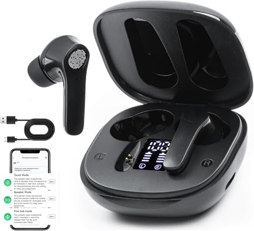 AI Kopfhörer übersetzer In Ear Bluetooth Kopfhörer Kabellos Sprachübersetzer Gerät aktualisierter 144 Sprachen und Acccents Musik Anrufe und Übersetzung für Reisen Lernen (mit Offline-Paket) (Schwarz)