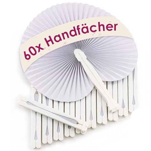 WeddingTree ® 60 x Handfächer Papier weiß faltbar - DIY- und Deko-Spaß für Groß und Klein - Gast-Geschenk Hochzeit Party Flamenco Bauch-Tanz