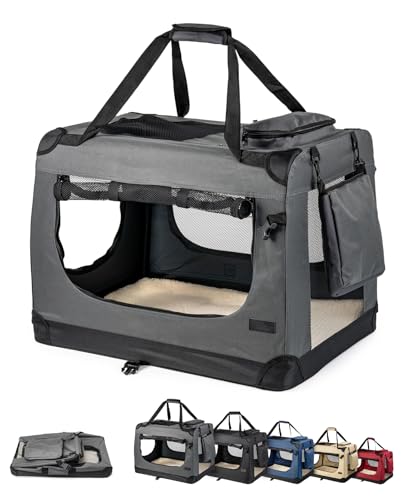 lionto Hundetransportbox faltbar für Reise & Auto, 90x61x65 cm, stabile Transportbox mit Tragegriffen & Decke für Katzen & Hunde bis 22 kg, robuste Hundebox aus Stoff für klein & groß, grau