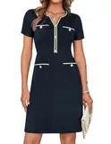Damenkurzes Ärmel Elegantes A-Linie Kleid für Arbeit Business Büro Frühling Sommer Formelle Spezialkleider Marineblau XL