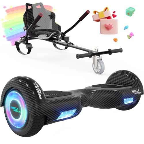 MEGA MOTION Hoverboards 6,5 Zoll mit Hoverkart für Kinder und Jugendliche，Selbstausgleichender, einfach zu steuern, rutschfeste Gestaltung, mit LED-Licht und Bluetooth-Lautsprecher