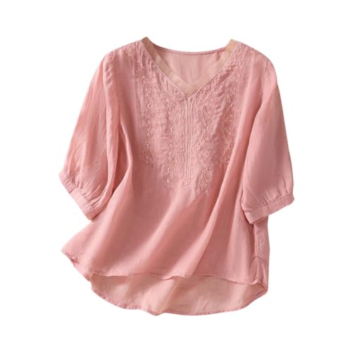 Generisch 2025 - Damen-Bluse, einfarbig, Vintage-Stil, Bestickt, Leinen, Baumwolle, Sommerbluse, V-Ausschnitt, Patchwork-Tüll Damen Schwarz (XL)