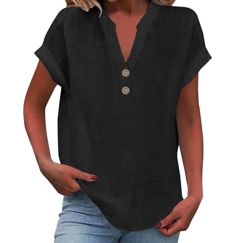 Tunika Damen Sommer Leinen 2025 Elegante Baumwolle Leinen Tshirt Lose Kurzarm Blusen Frau Oversized Tee T-Shirt Freizeit Longbluse Leinenhemd Große Größen Bluse Oberteile Schwarz 5XL