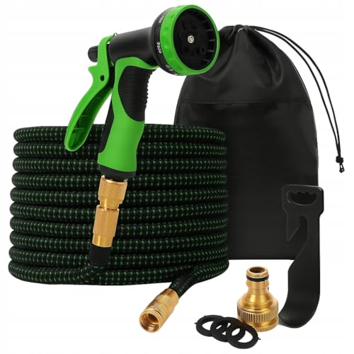 Flexibler Gartenschlauch 45 m – dehnbarer Schlauch mit Spritzpistole, Halter & Aufbewahrungstasche – knickfest, platzsparend – für Garten & Terrasse