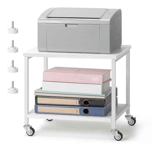 smusei Druckerständer Weiß, 2-Stufige Druckertisch mit Rollen, Platzsparend Holz Schreibtisch Regal für Büro Zuhause Office Schule, 42 x 30 x 35 cm