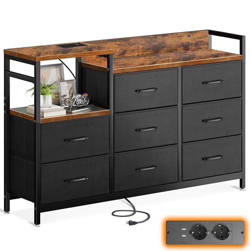 ODK Kommode mit Schubladen, 2 USB & 2 AC-Anschlüssen, 8 Schubladen aus Stoff - Geeignet für Multifunktionaler Schubladenschrank für Schlafzimmer und Wohnzimmer, 132 * 30 * 88 cm,Vintage und Schwarz