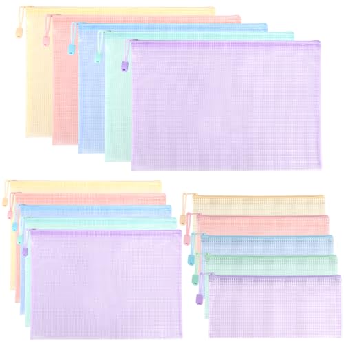 Mutsitaz 15 Stück Dokumententasche mit Reißverschluss A4+A5+A6, Wasserdichter Dokumentenbeutel für Dokumente, Quittung, Papier, Schule, Prüfungsblatt, Kosmetik, Reise, 5 Farben