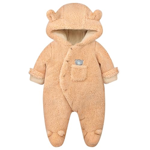Baby Winter Schneeanzug Baby Strampler, Junge und Mädchen Einteiliger Anzug mit Kapuze, Kleinkind Oberbekleidung Schneeanzug Set Dick und Warm,Braun 0-3 Monate