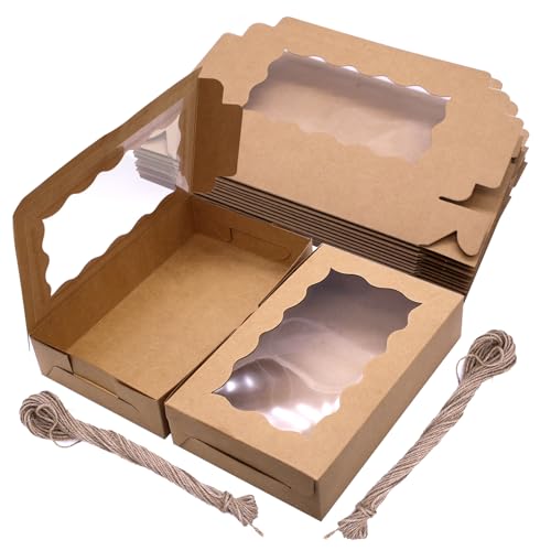 PWGHWG 20 Stück Keksschachtel mit Sichtfenster - 17,8 × 11 × 3,8 cm - Braune Tortenschachtel mit Klarem Fenster Karton Snackbox mit 2 Hanfseil für Torten, Kekse, Pralinen, Dessert