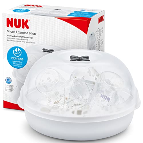 NUK MicroExpressPlus Mikrowellen-Sterilisator für Flaschen|sterilisiert bis zu 4Babyflaschen plus Zubehör in 4Minuten|passt indie meisten Mikrowellen|inklusive Flaschenzange zum hygienischen Entnehmen