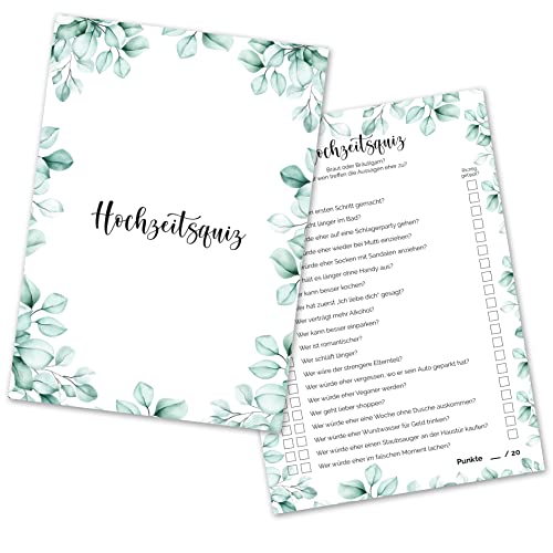 Hochzeitsquiz für Gäste und Brautpaar - Spaßiges Hochzeitsspiel mit witzigen Fragen für garantierte Lacher (Eukalyptus, 50x Stück)