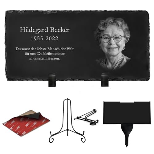 ETERNEL - Personalisierte Gedenktafel mit mehreren Trägermaterialien, zum Einpflanzen oder Aufkleben, Schiefer oder Granit, zum Aufstellen, Foto und Text nach Wahl, Grabplatte, Grabstätte, Verstorbene