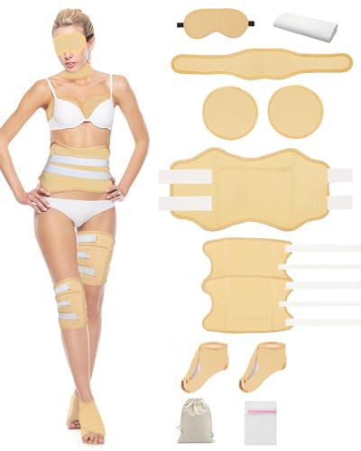 MQFORU 12-teiliges Rizinusöl-Packungs-Set, verstellbares Massage-Wachstuch für Bauch, Auge, Nacken, Knie, Brust, Beine, Füße, Taille, verstellbare elastische Bänder