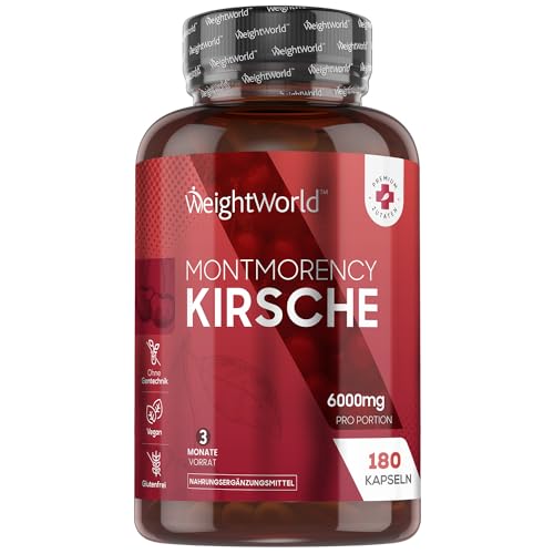 Montmorency Sauerkirschen Kapseln 6000mg - 180 Stück - 120mg Sauerkirsch Extrakt 50:1 pro Portion - Veganer & Vegetarier - 3 Monate Vorrat - Laborgeprüft in Deutschland - Kirschextrakt - WeightWorld