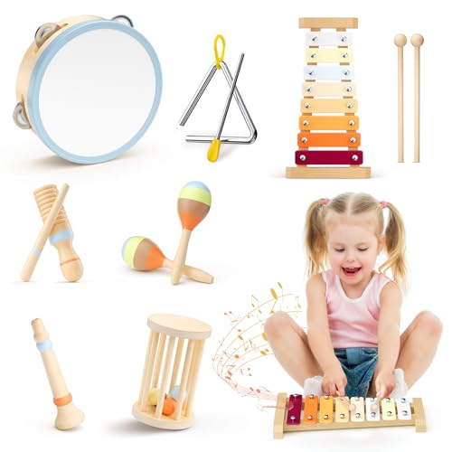 MINENICE Musikinstrumente für Kinder, Montessori Musikinstrumente Set, Musik Holzspielzeug für Jungen und Mädchen, Spielzeug Geschenke Trommel Xylophon für Kleinkinder ab 1-3 Jahren