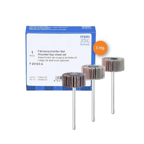 PFERD Fächerschleifer-Set F, 3-tlg. / Korund Ø20x10mm Schaft-ø 3mm A80, 120, 180 / 44498030 – für Feinschliff & Finish mit dem Geradschleifer oder Biegwellenantrieb