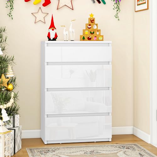 YITAHOME Kommode aus Holz, Kommode Schlafzimmer, zeitgenössischer Hochglanz, 4 Schubladen, Schlafzimmermöbel, Schlafzimmeraufbewahrungseinheit, Schiebeschubladen, 92 x 33 x 60 cm (Weiss)