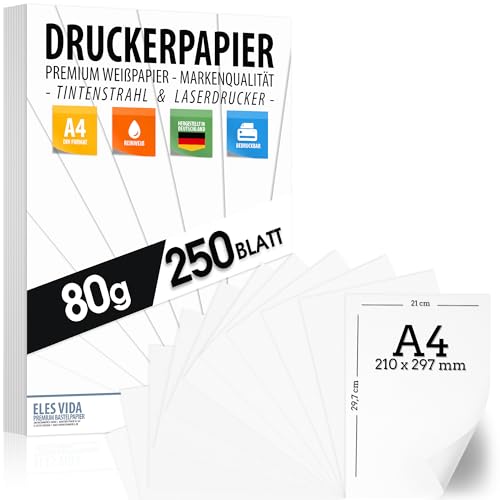 250 BLATT Druckerpapier A4 80g weiß – PREMIUM PAPIER Reinweiß - DIN A4-21 x 29,7 cm - Kopierpapier, Laserdrucker & Tintenstrahl für Uni, Fotografie, Präsentationen, Basteln - Ideal für Kopiergeräte