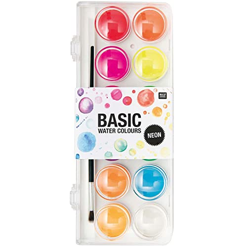 Rico Design Basic Neon Wasserfarbkasten/Tuschkasten - 12 Wasserfarben & 1 Pinsel zum Tuschen und Malen- Malkasten/Farbkasten