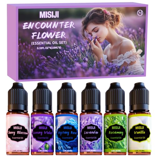 MISIJI Flower Ätherische Öle Set für Diffuser, Aromatherapie Duftöl GeschenkSet, Duftöle für Diffuser,Kerzenherstellung,Mestery Rose, Kirschblüte, Luxus Veilchen, Rosmarin, Vanille, Lavendel
