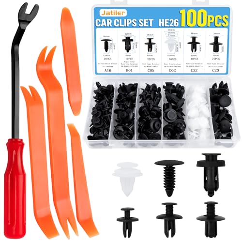 JatilEr 100 Stück Befestigungsclips Auto Clips, Universal Karosserie Kunststoffnieten Befestigungssatz, 6 Arten Türverkleidung Klammern Stoßstangen + 4 Lösewerkzeug Zierleistenkeile + 1 Hebelwerkzeug