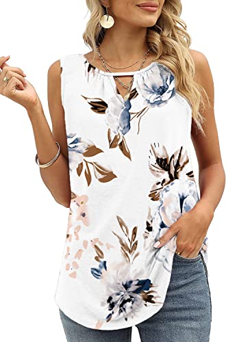 Cuptacc Top Damen Sommer V Ausschnitt Ärmellose Blumendruck Kleidung Fashion Tunika Loose Fit Tank Tops Weißes Blumenmuster XXXL 54-56
