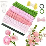 MOTONG 400 Stück Pfeifenreiniger zum Basteln-4 Farben Pfeifenputzer Rosa zum Chenilledraht, 360 Stück Staubgefäße 20 Stück Blumendraht zum Basteln mit Geschenkband Pfeifenputzer Blumen Set