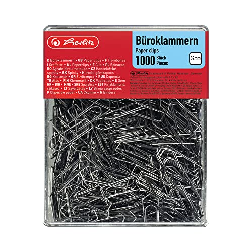 Herlitz 8859100 Büroklammer Brief-, Aktenklammer 32mm verzinkt Transparentbox 1.000 Stück
