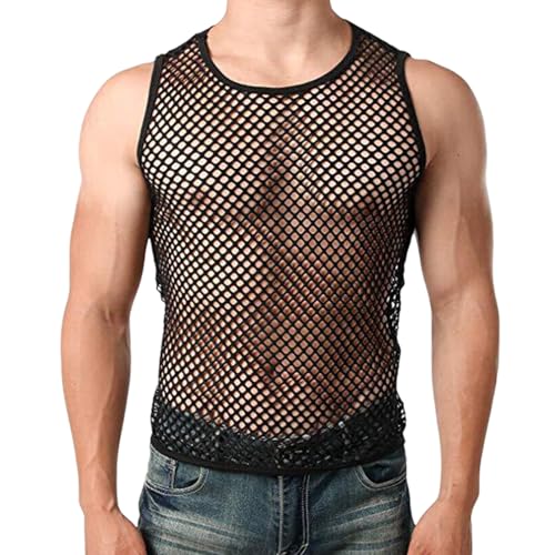 TUONYIS Herren Unterhemd Netzstruktur Herren Sexy Transparent T Shirt Tank Top Herren Muskel Transparent Shirts Herren Netzhemd ärmellos Netz Unterhemd Disco Party Kostüm Streetstyle (Schwarz)