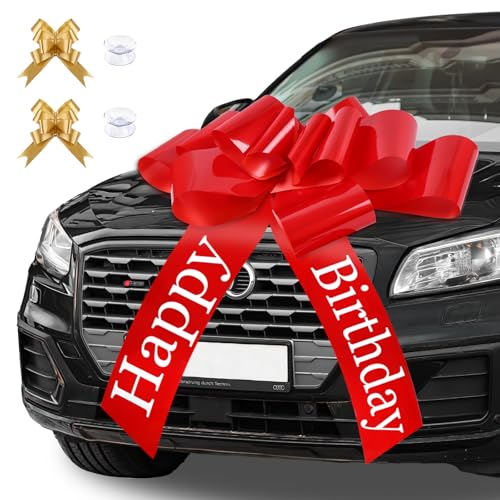 Tikplus Große Schleife für Auto, Geschenkschleife Groß XXL 76 cm, Rote Schleife Groß, Riesige Autoschleife mit Gold Kleine Schleifen und Saugnapf für Auto Deko Happy Birthday 18 Geburtstag