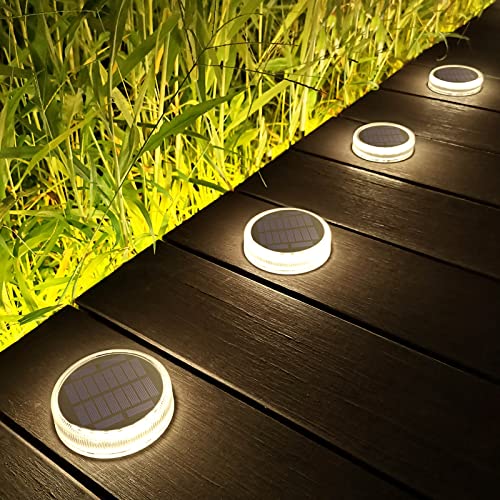Lacasa Solar Bodenleuchten Aussen, 30LM 4 Stück Solarleuchten für Außen, Natürliches Weiß 4000K IP68 Wasserdicht Auto ON/OFF Solarlampen LED Wegeleuchten für Garten Rasen Terrasse Auffahrt, Runden