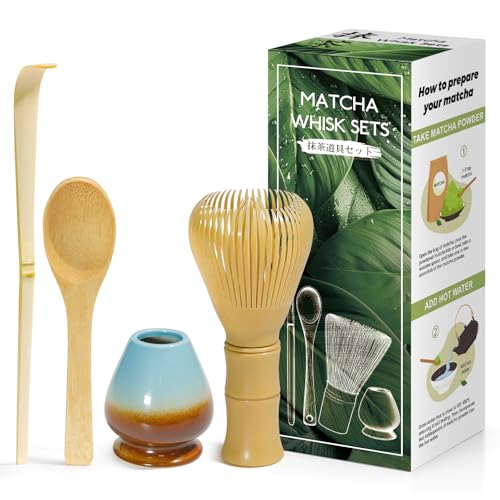 4 Stück Matcha japanisches Zeremonienset, MatchaBesen aus Naturbambus, Löffel aus Bambus, Schaufel aus Bambus, Quirlhalter, Matcha Zubehör für die Teezeremonie, das Getränk-Kaffeeblau mit Farbverlauf