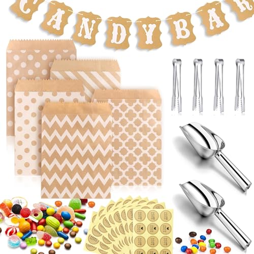 Candy Bar Zubehör Deko 67Stk Candybar Zubehör Set Enthält 50Stk Candybar Tüten 10 Sticker 4Stk Zuckerzange 2Stk Schaufeln und 1 Girlande für Candy-Bar Auf Geburtstag Oder Hochzeit