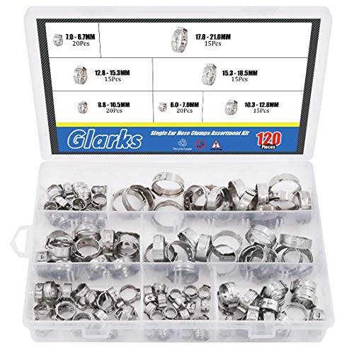 Glarks 120 Stück 7-21 mm 304 Edelstahl Einohr-Schlauchschellen Sortiment Kit