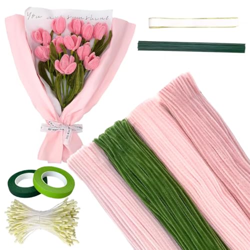 CNMTCCO Pfeifenreiniger, 400 Stück Pfeifenputzer zum Basteln, Pfeifenputger zum Basteln mit Schleifenband, Blumen Staubblatt, Blumendraht Für DIY Blumensträuße (Rose)