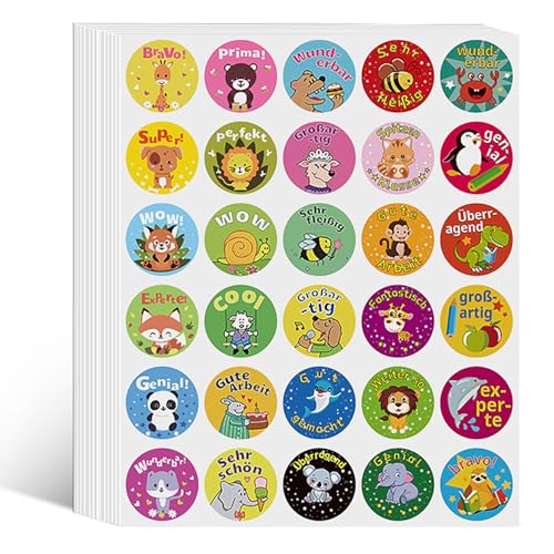 EUZUXU 750 Stück Belohnungsaufkleber Tier Motivationsaufkleber für Kinder, Selbstklebende Belohnungsaufkleber, süße Tier Lehrerbedarf Reward Sticker Kinder Belobigung Sticker für Schule Zuhause