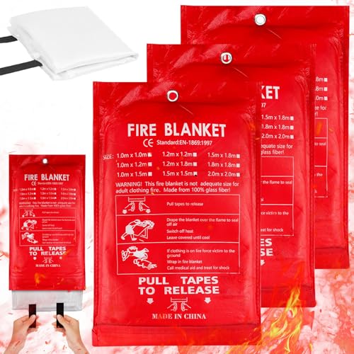WIYETY 3 Stück Premium Löschdecke: Brandschutzdecke aus Glasfasertücher, 100 * 100 cm Löschdecke für Küche, Notfallüberlebenskit für Küche, Kamin, Grill, Auto, Camping, Auch für Fettbrände
