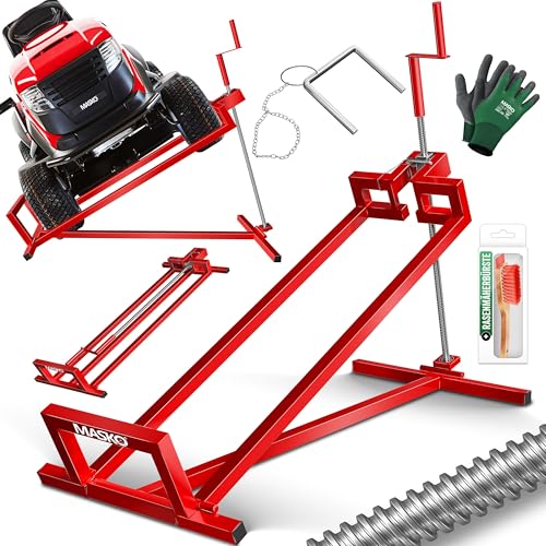 MASKO® XXL Rasentraktorheber 450 kg Hebevorrichtung Hebebühne Aufsitzmäher Reinigungshilfe universal, Rasentraktor-Heber, Rasentraktor +45° Neigung verstellbar inkl. Arbeitshandschuhe & Bürste Rot