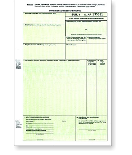 ebs Versand - 50 x EUR.1 / EUR1 Zollformulare 2-fach selbstdurchschreibend als Trennsatz DIN A4 (210 x 297 mm) plus 18 mm Trennleiste am Kopf, Grün, Papier