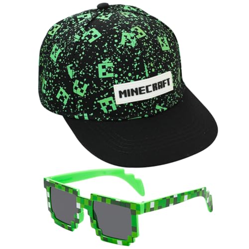 Miinnecraft Kinder Baseball Cap, 2PCS Baseballkappe und Sonnenbrille Schirmmütze Sonnenschutz Cap Baseballmütze Einstellbare Kappe Cartoon Snapback Cap Sonnenbrillen Set für Kinder Ab 2 Jahren