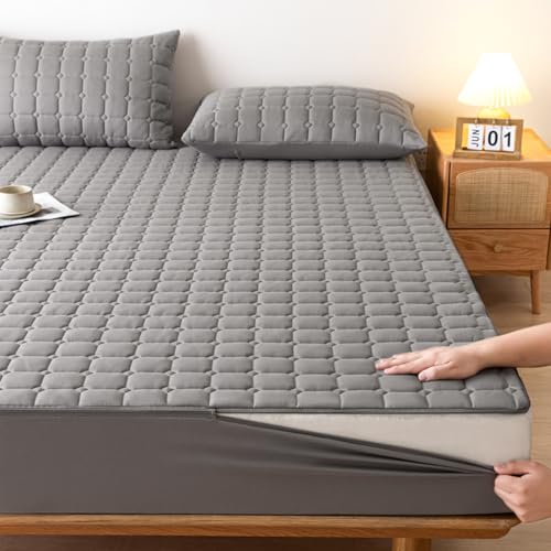 Matratzenschoner mit Reißverschluss Matratzenüberzug Grau Weiche 90x190/200 Anpassbare Matratzenüberzug Matratzenauflage Encasing Gesteppt Waschbarer Spannbettlaken Matratzentopper(180x200+22cm,Gray)
