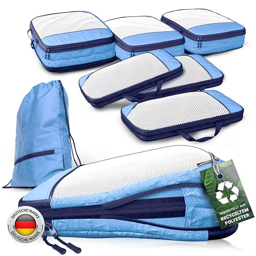 Packtaschen Kompression für Koffer und Rucksack [7-teilig] - mehr Platz im Koffer oder Backpack durch Kompression – Packwürfel Kompression (blau)