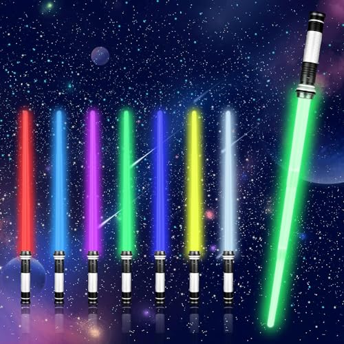 Moocuca Lichtschwert Kinder, Laserschwert Kinder, RGB 7 Farben Led Lightsaber mit Licht und Sound, Cosplay Spielzeug Einziehbares Laserschwert Kinder, Halloween Laserschwerter für Kinder