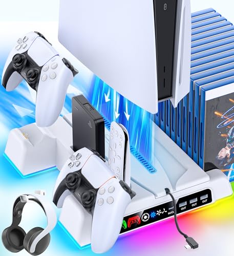 OIVO PS5 Standfuß mit 3 Stufen Lüfter und PS5 Controller Ladestation für PS5/PS5 Slim Konsole, PS5 Ständer mit RGB Licht/3 USB Anschlüsse/Remote- und 14 Spiele Steckplätze für PS5 Slim Zubehör